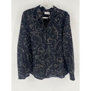Carmen Marc Valo Black & Gold Art Deco Long Sleeve Button Down Blouse Size Large